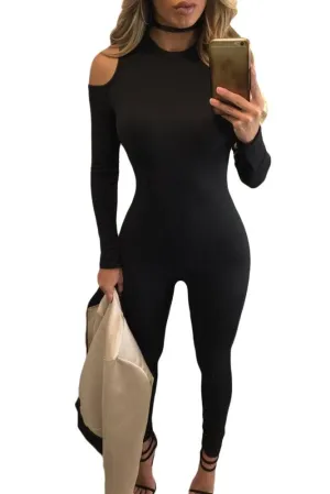 Black Cold Shoulders Long Sleeves Jumpsuit