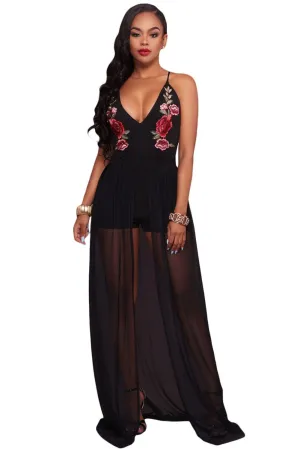 Black Embroidery Floral Mesh Romper