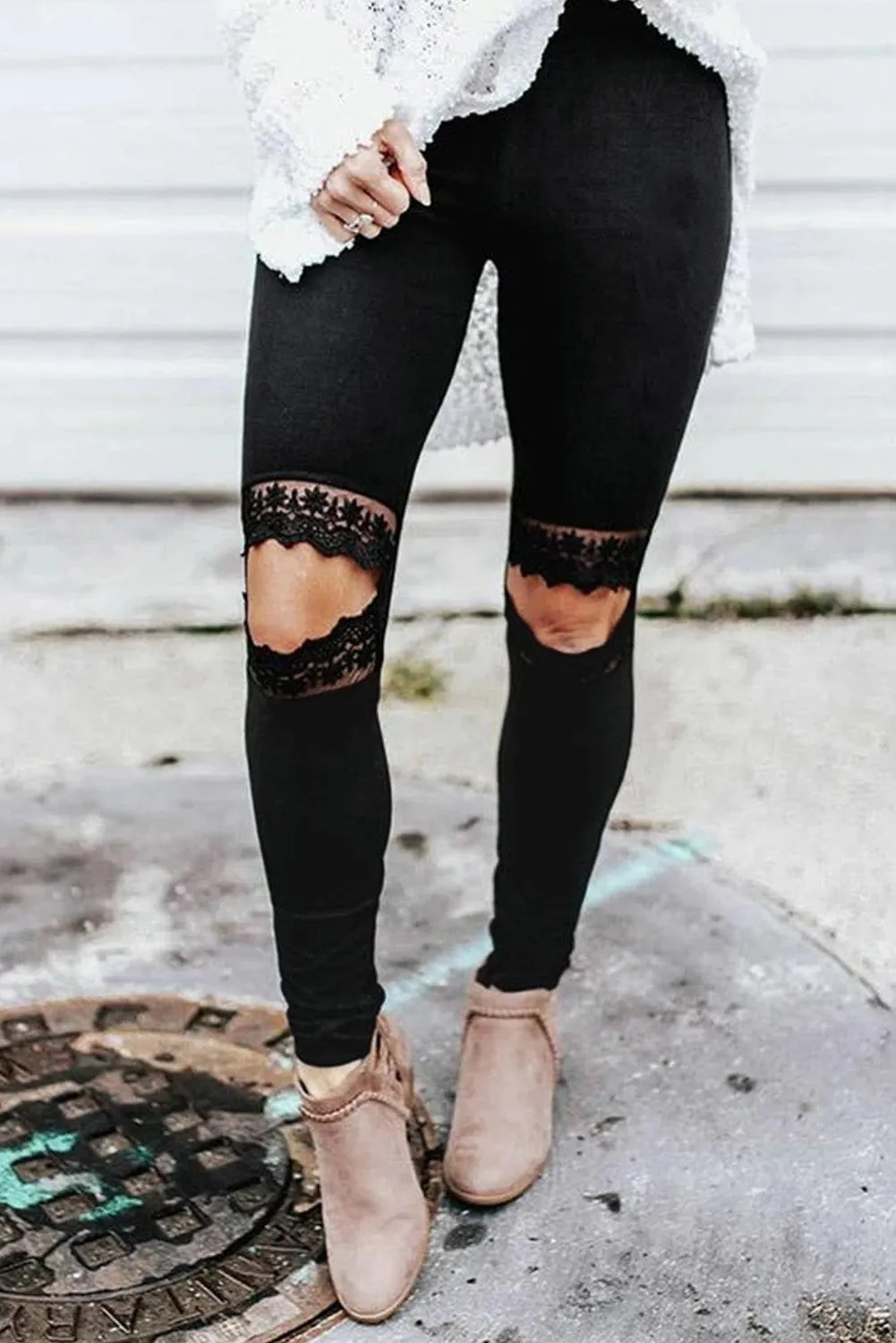 Black Hollow Out Skinny Slim Leggings