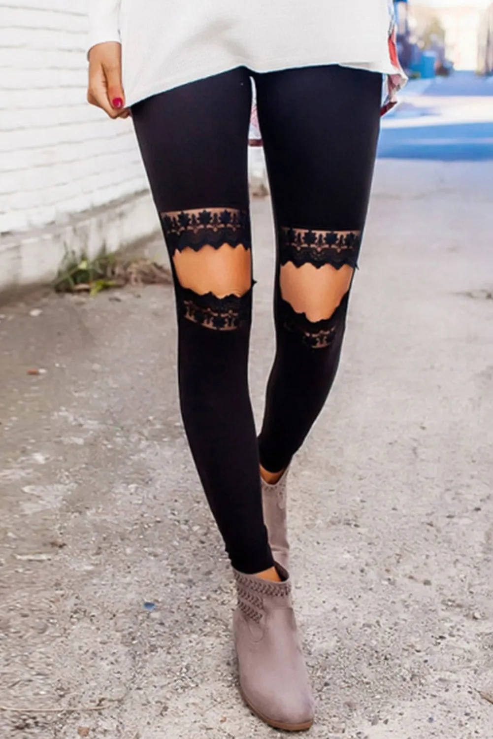 Black Hollow Out Skinny Slim Leggings
