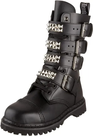 Gravel-10S Black Leather Lace-Up Mid-Calf Combat Boot w/ Studded Buckle