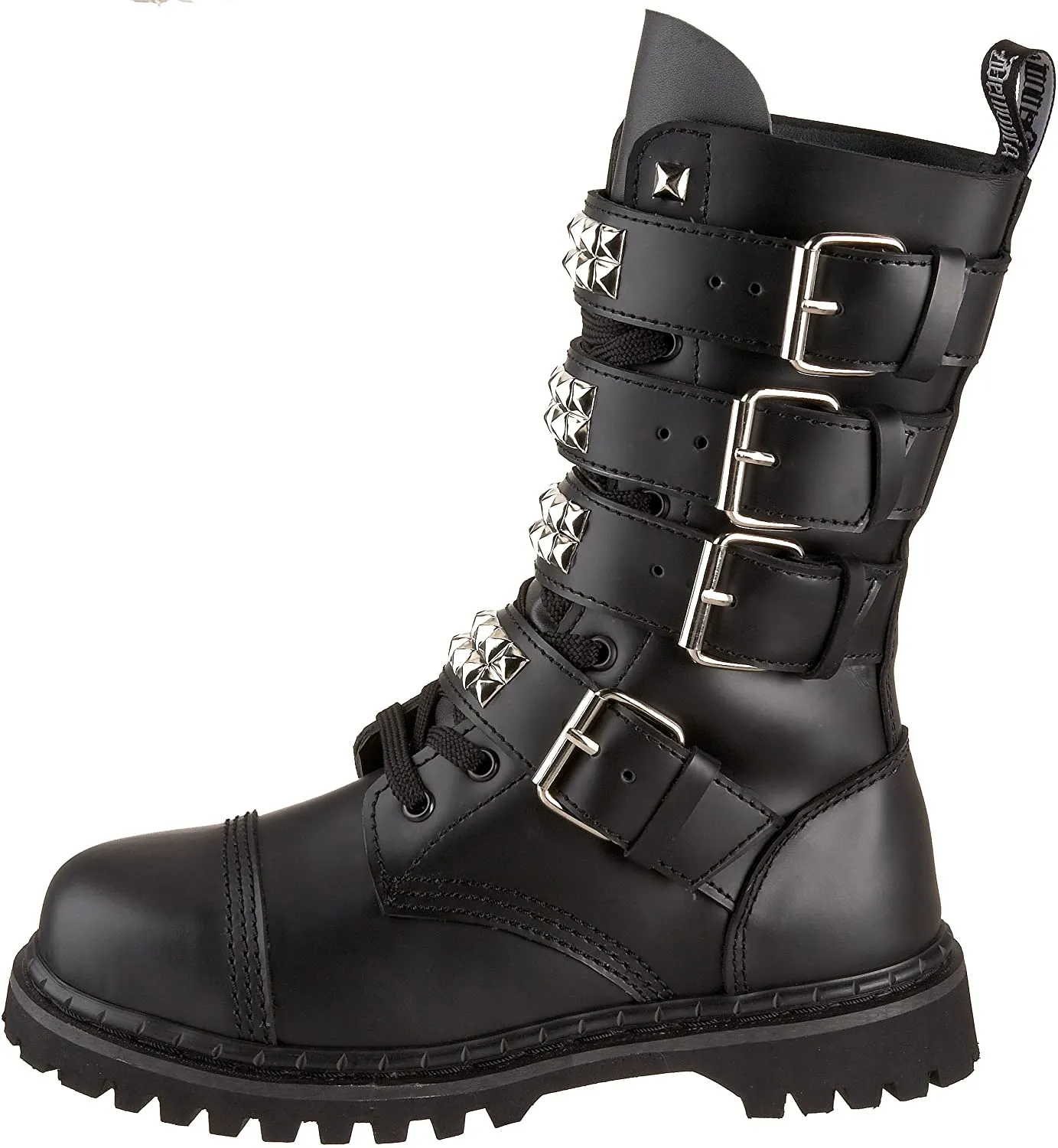 Gravel-10S Black Leather Lace-Up Mid-Calf Combat Boot w/ Studded Buckle