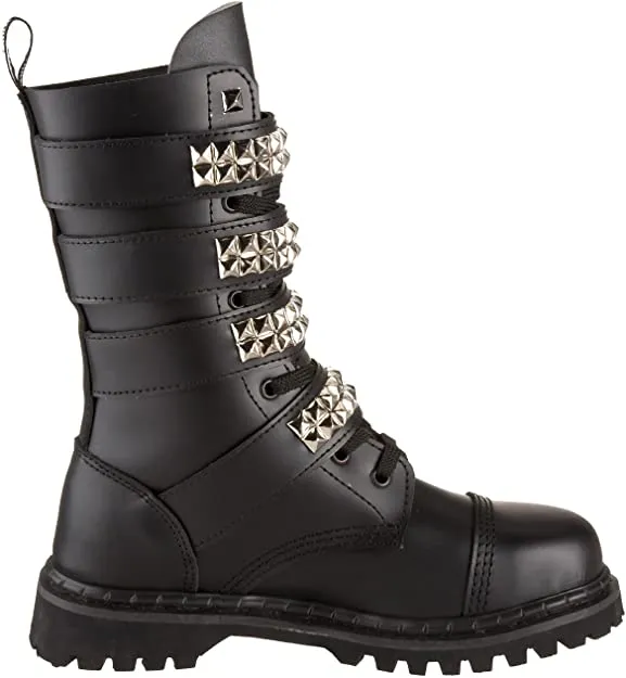 Gravel-10S Black Leather Lace-Up Mid-Calf Combat Boot w/ Studded Buckle