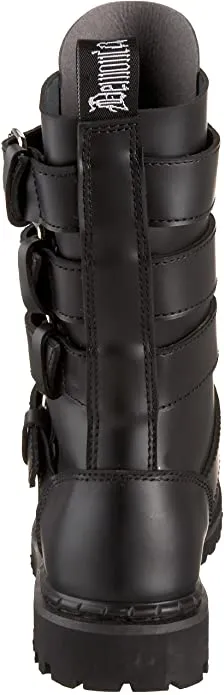 Gravel-10S Black Leather Lace-Up Mid-Calf Combat Boot w/ Studded Buckle