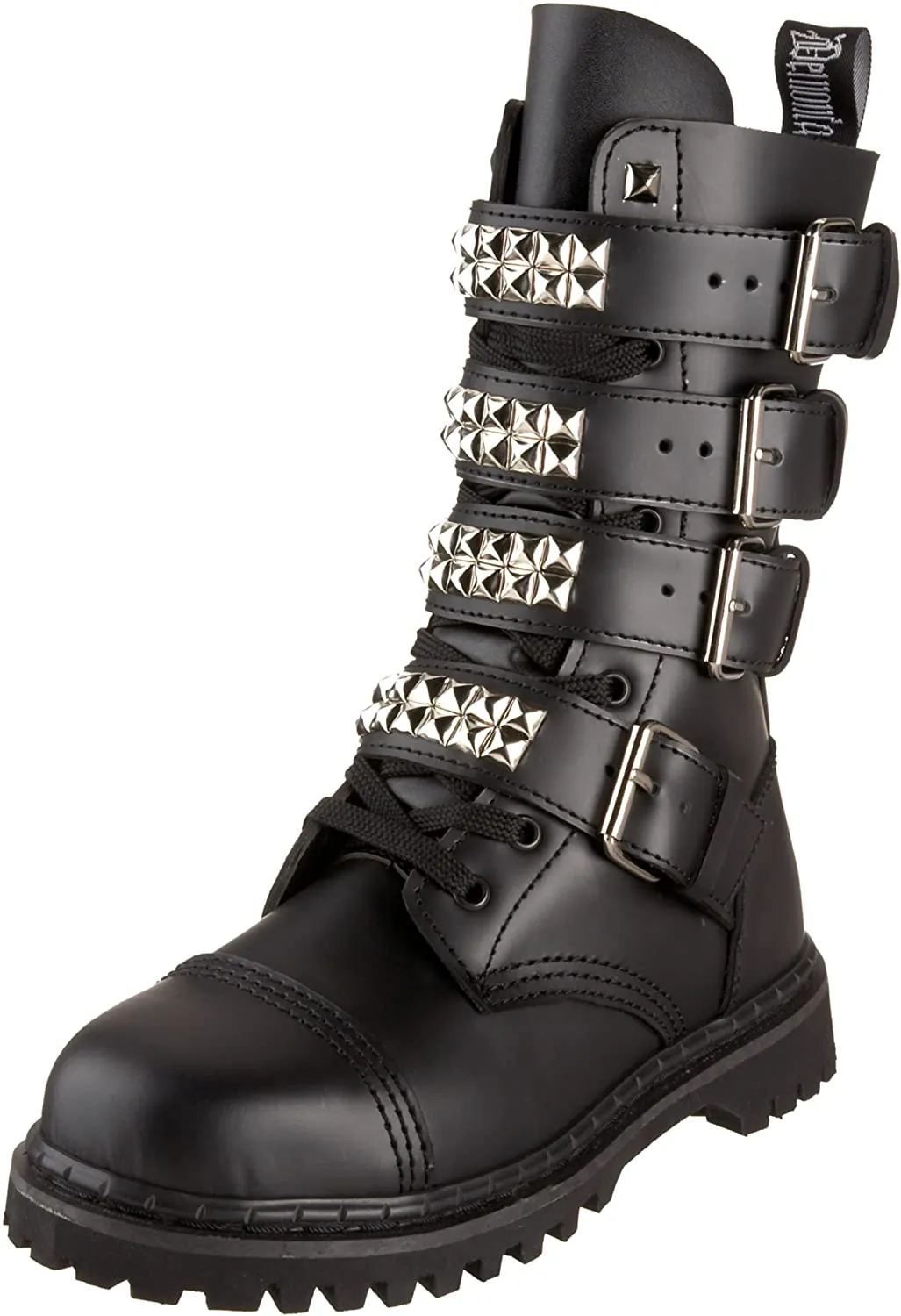 Gravel-10S Black Leather Lace-Up Mid-Calf Combat Boot w/ Studded Buckle