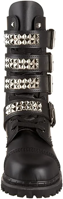 Gravel-10S Black Leather Lace-Up Mid-Calf Combat Boot w/ Studded Buckle