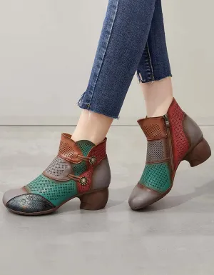 Handmade Color-block Hollow Vintage Chunky Booties