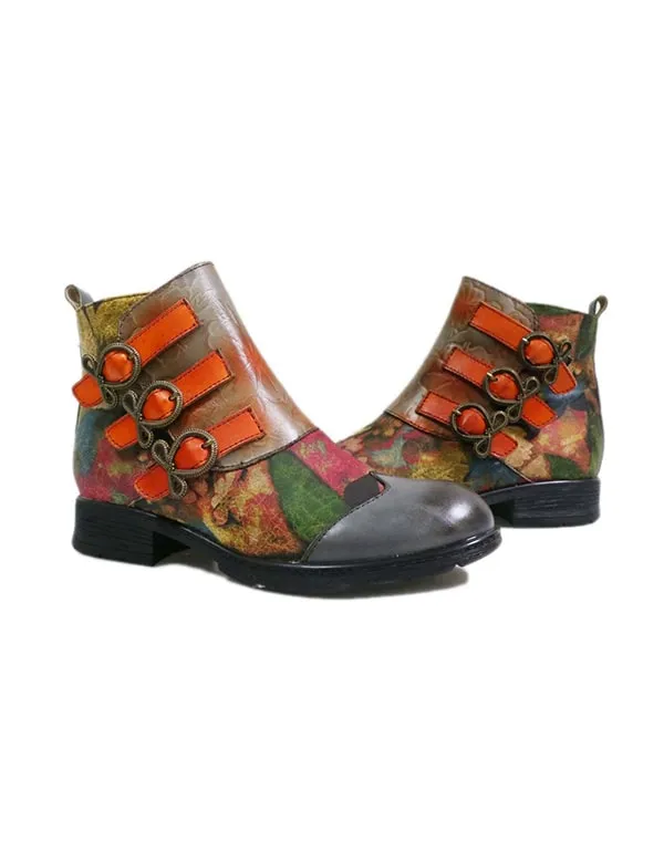 Handmade Ethnic Style Buckle Print Leather Ankle Boots
