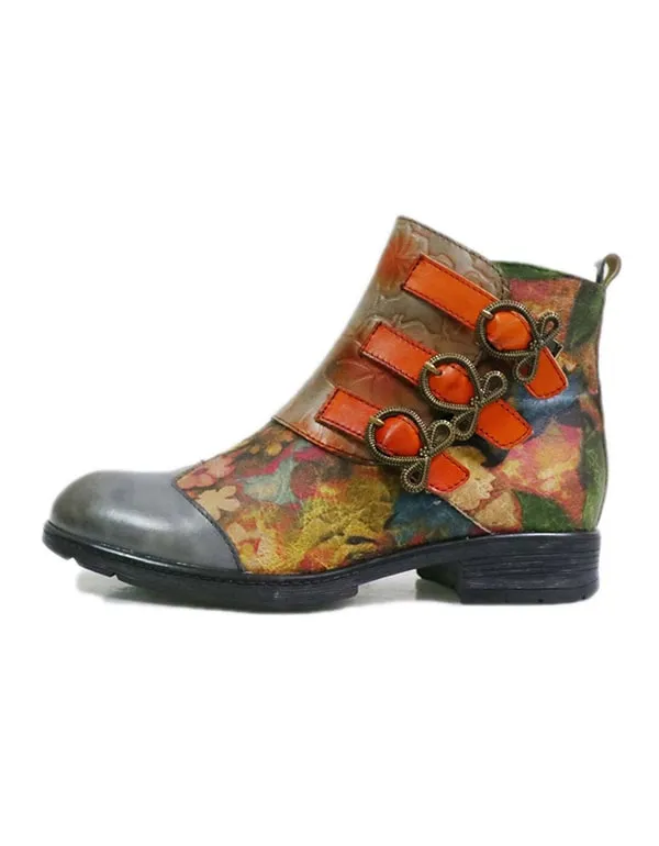 Handmade Ethnic Style Buckle Print Leather Ankle Boots