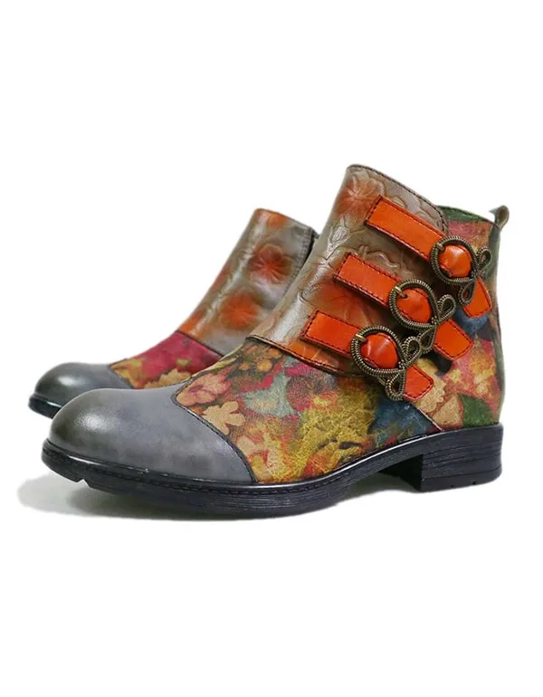 Handmade Ethnic Style Buckle Print Leather Ankle Boots