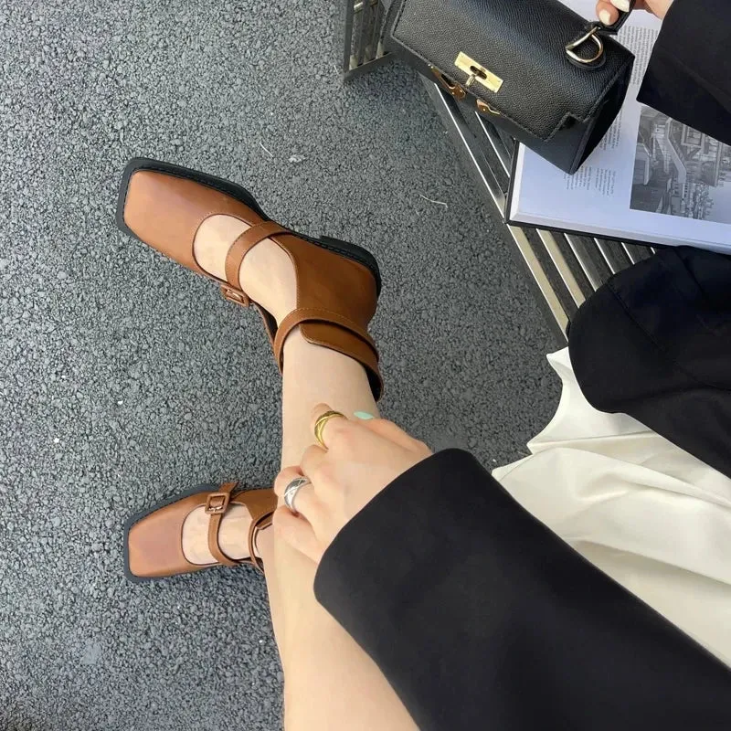 Hnzxzm Black Women's Low Heel Boots Comfortable Square Toe Belt Buckle Autumn Shoes Brown High Heels Bottines Female Ankle Boots 41size