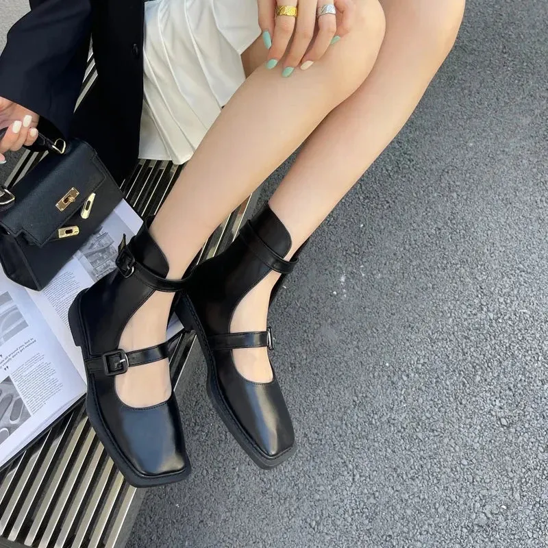 Hnzxzm Black Women's Low Heel Boots Comfortable Square Toe Belt Buckle Autumn Shoes Brown High Heels Bottines Female Ankle Boots 41size
