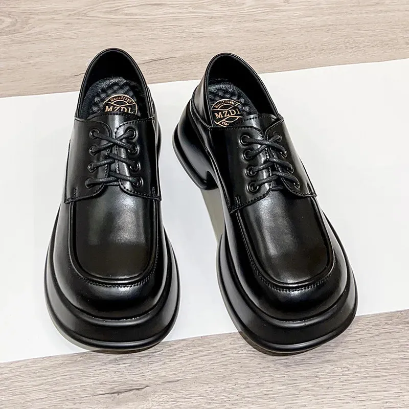 Hnzxzm The New Leather Leather Lace British Style Small Leather Shoes Loose Cake Thick Head Shoes Thick Bottom Single Shoes