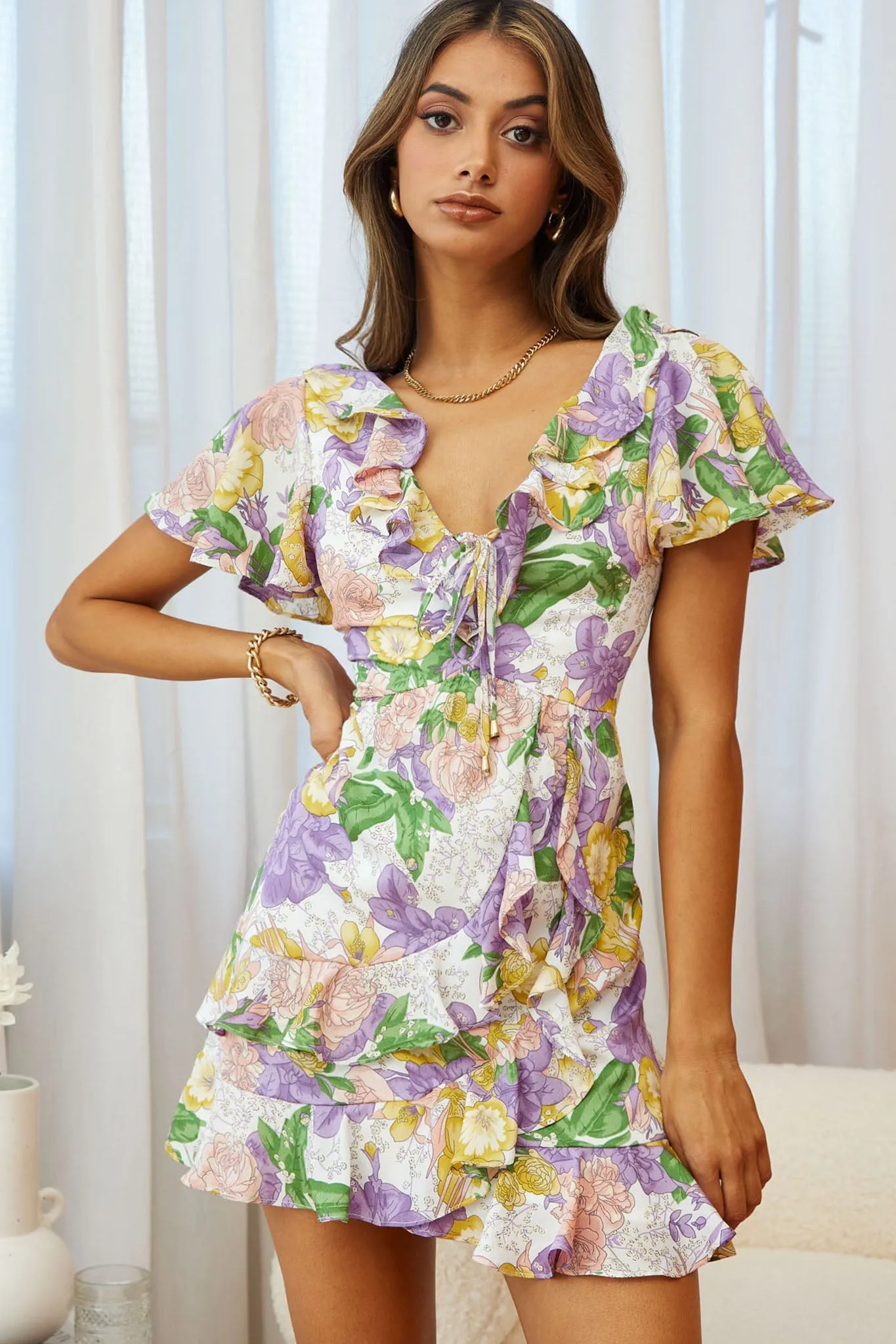Kalina Ruffle Neckline Flutter Sleeve Mini Dress Floral Print Purple