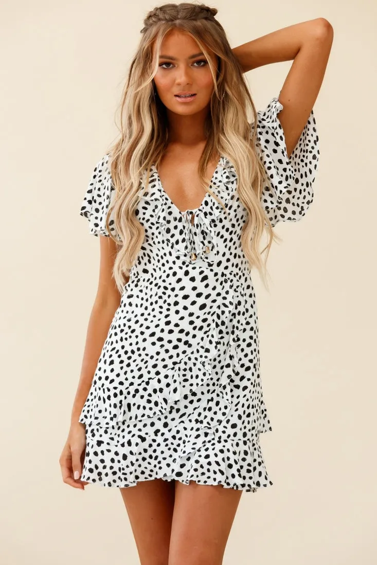 Kalina Ruffle Neckline Flutter Sleeve Mini Dress Spot Print White/Black