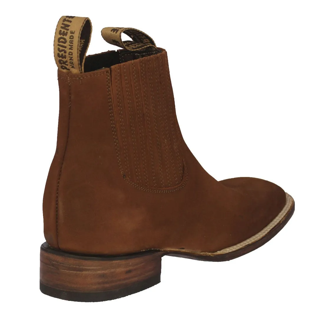 Mens Cognac Chelsea Nubuck Leather Boots - Square Toe
