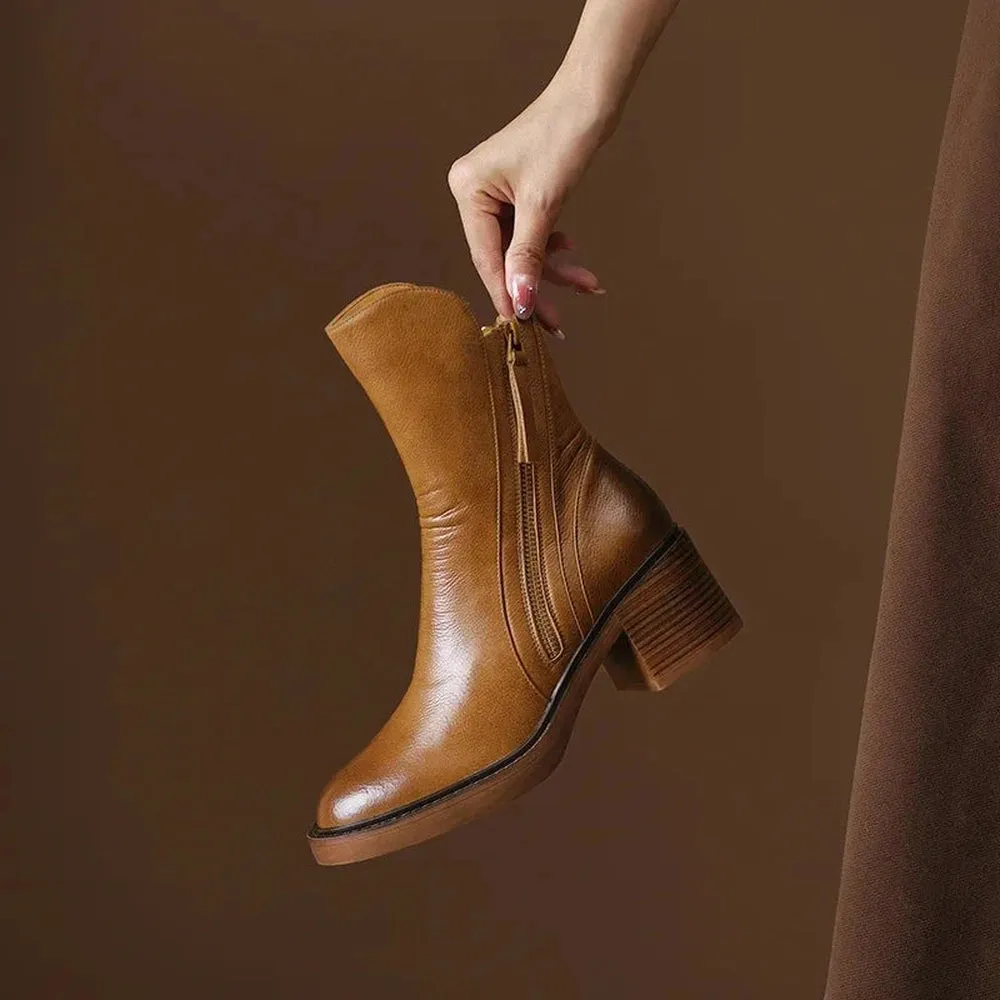 Merendy Luxue Retro Brown Leather Ankle BOOTS
