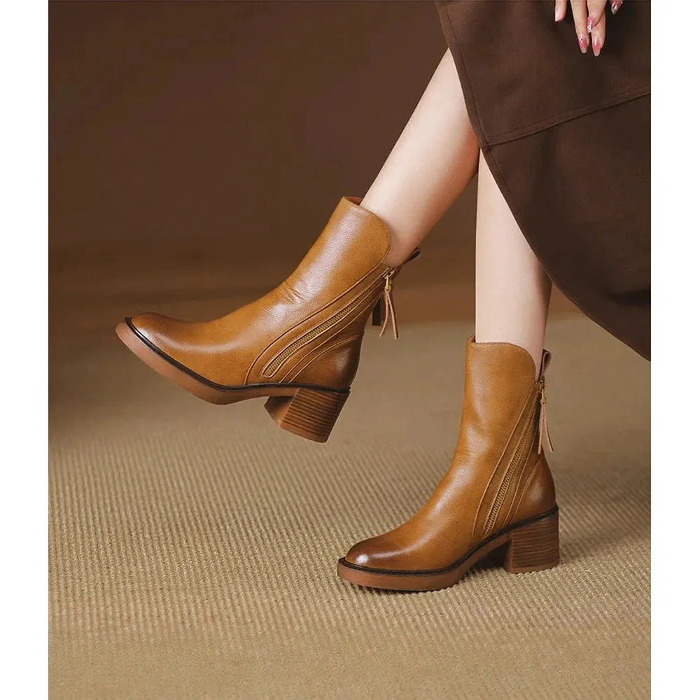 Merendy Luxue Retro Brown Leather Ankle BOOTS