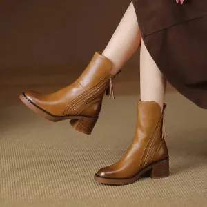 Merendy Luxue Retro Brown Leather Ankle BOOTS