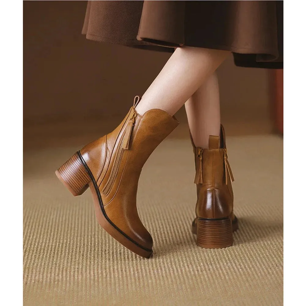 Merendy Luxue Retro Brown Leather Ankle BOOTS