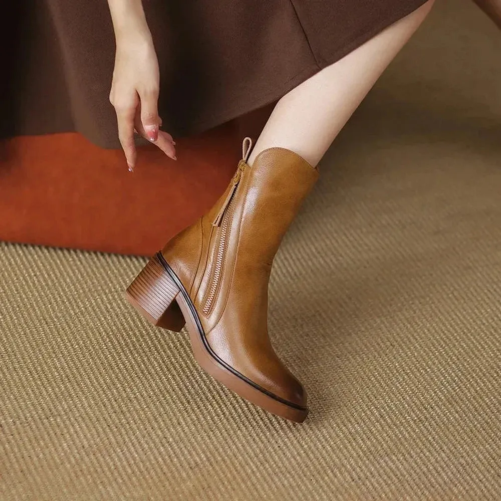 Merendy Luxue Retro Brown Leather Ankle BOOTS