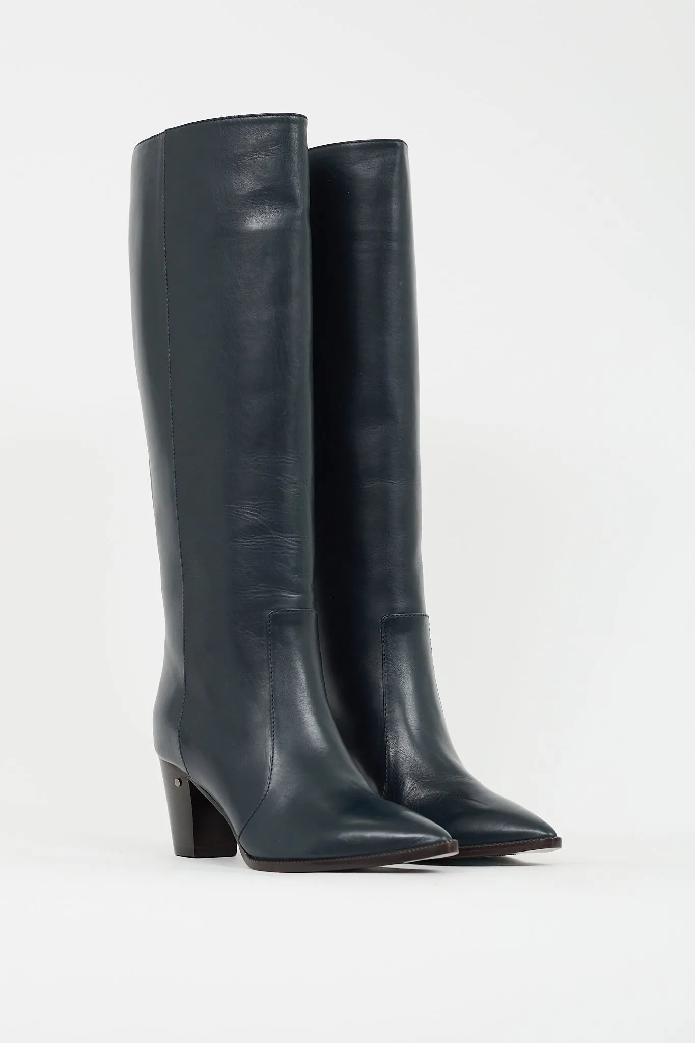 Navy Leather Knee High Boot