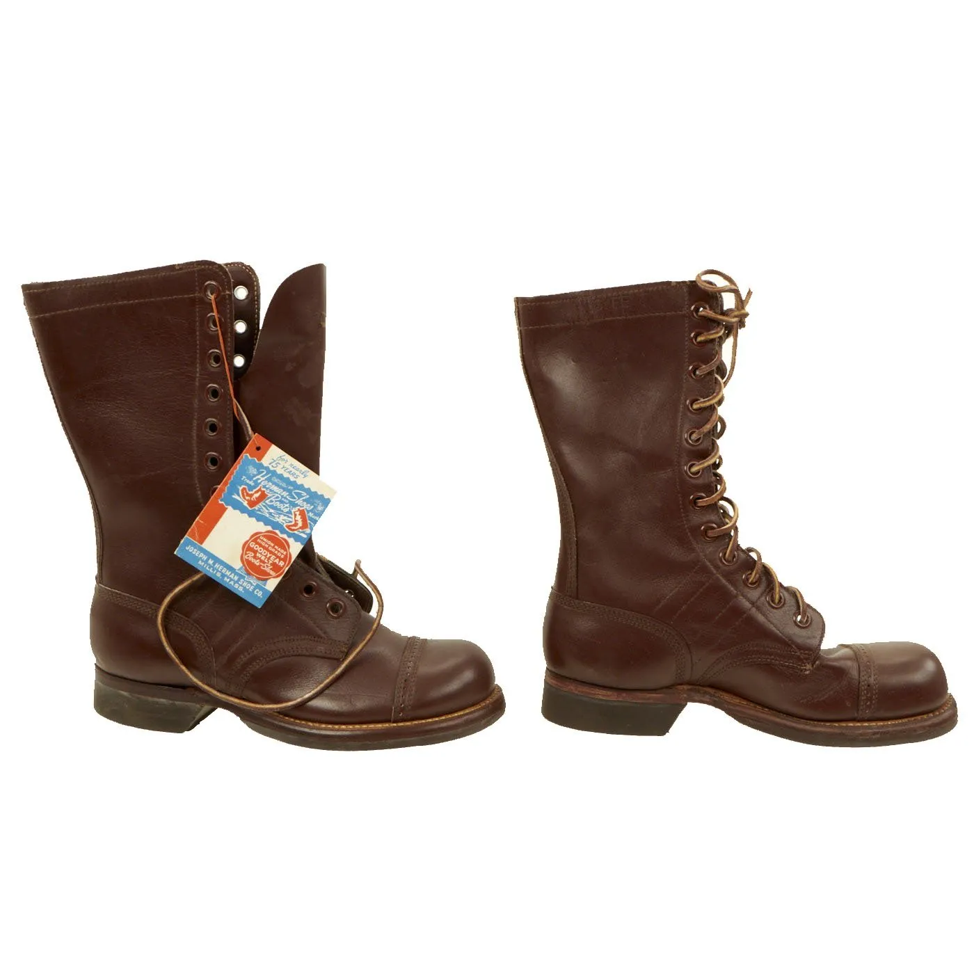 Original U.S. WWII Airborne Paratrooper Brown Leather Jump Boots by Herman in Size 6 - New Old Stock