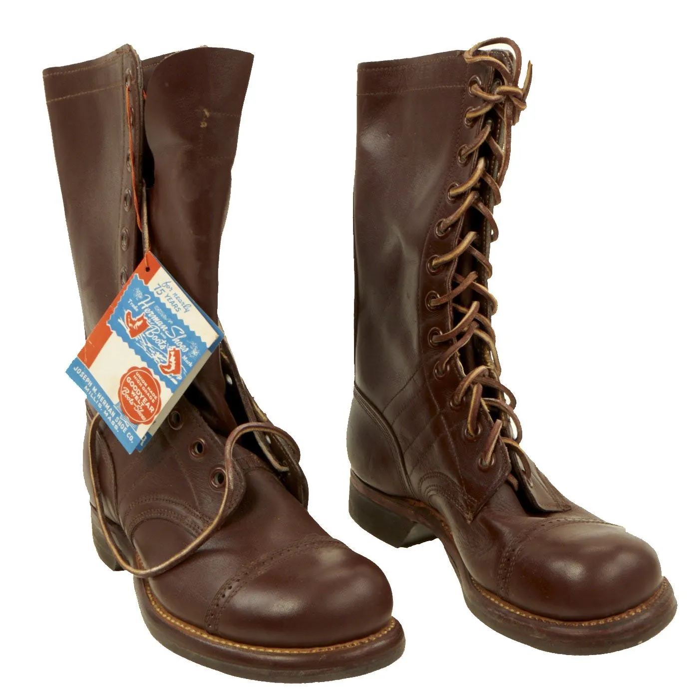 Original U.S. WWII Airborne Paratrooper Brown Leather Jump Boots by Herman in Size 6 - New Old Stock