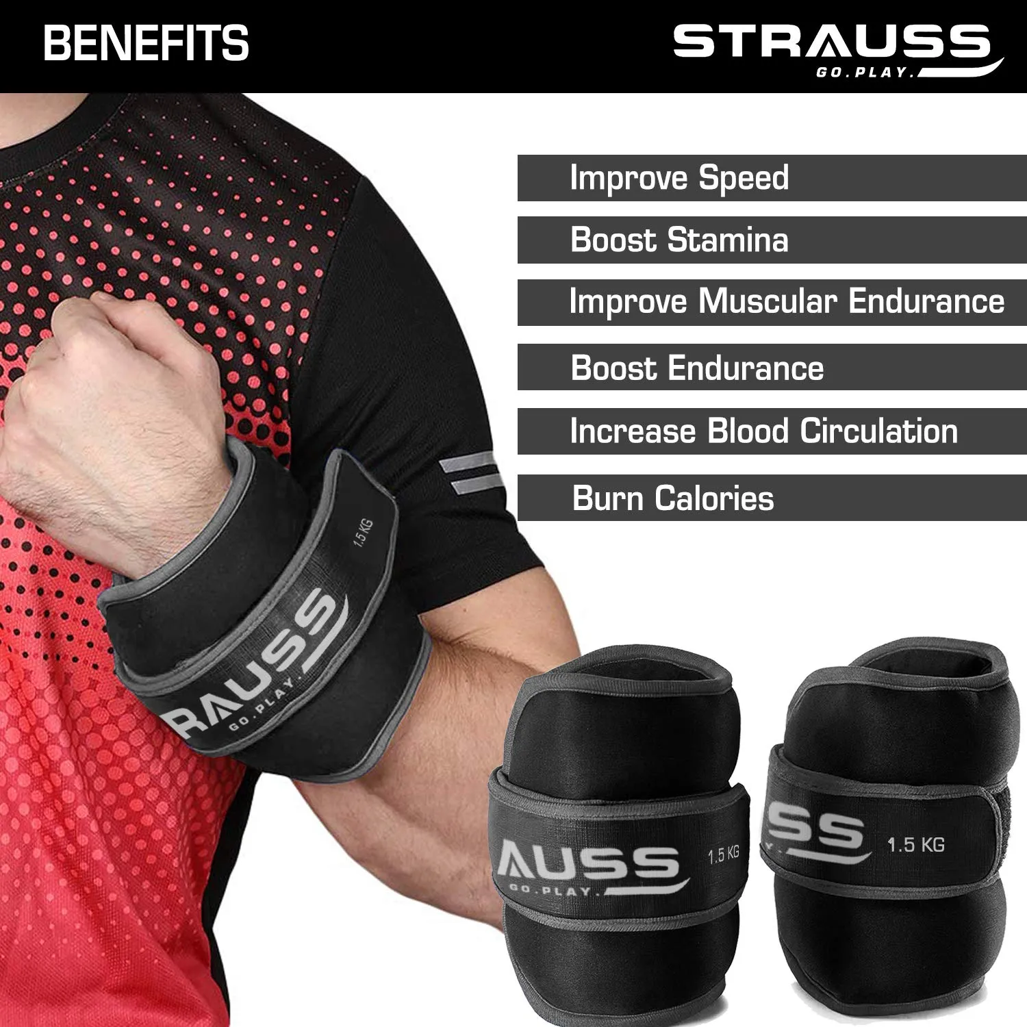 Strauss Round Shape Adjustable Ankle Weight/Wrist Weights 1.5 KG X 2 | Ideal for Walking, Running, Jogging, Cycling, Gym, Workout & Strength Training | Easy to Use on Ankle, Wrist, Leg, (Grey)