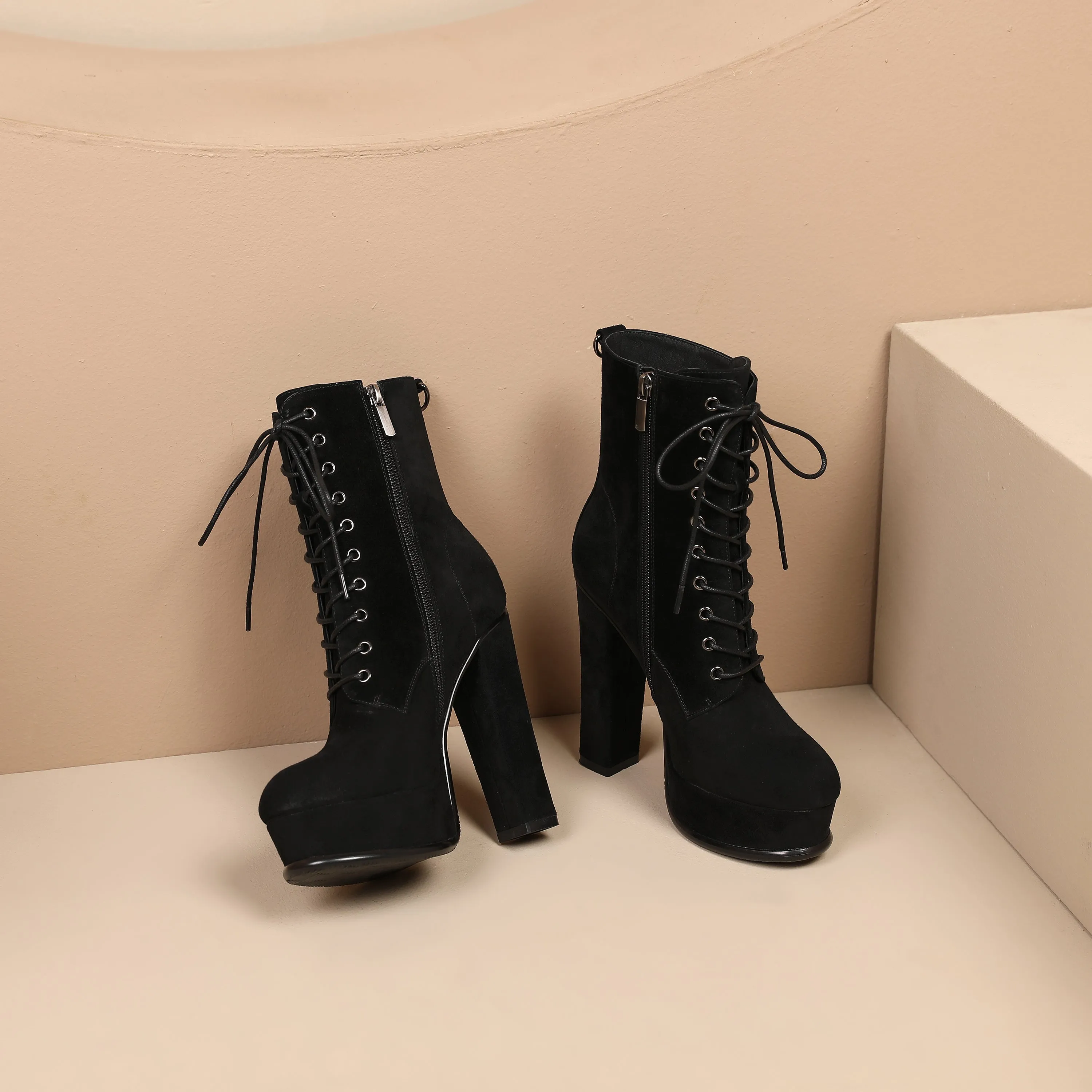 TinaCus Handmade Women's Leather Platform Front Lace Up Side Zipper Round Toe High Block Heel Mid-Calf Boots