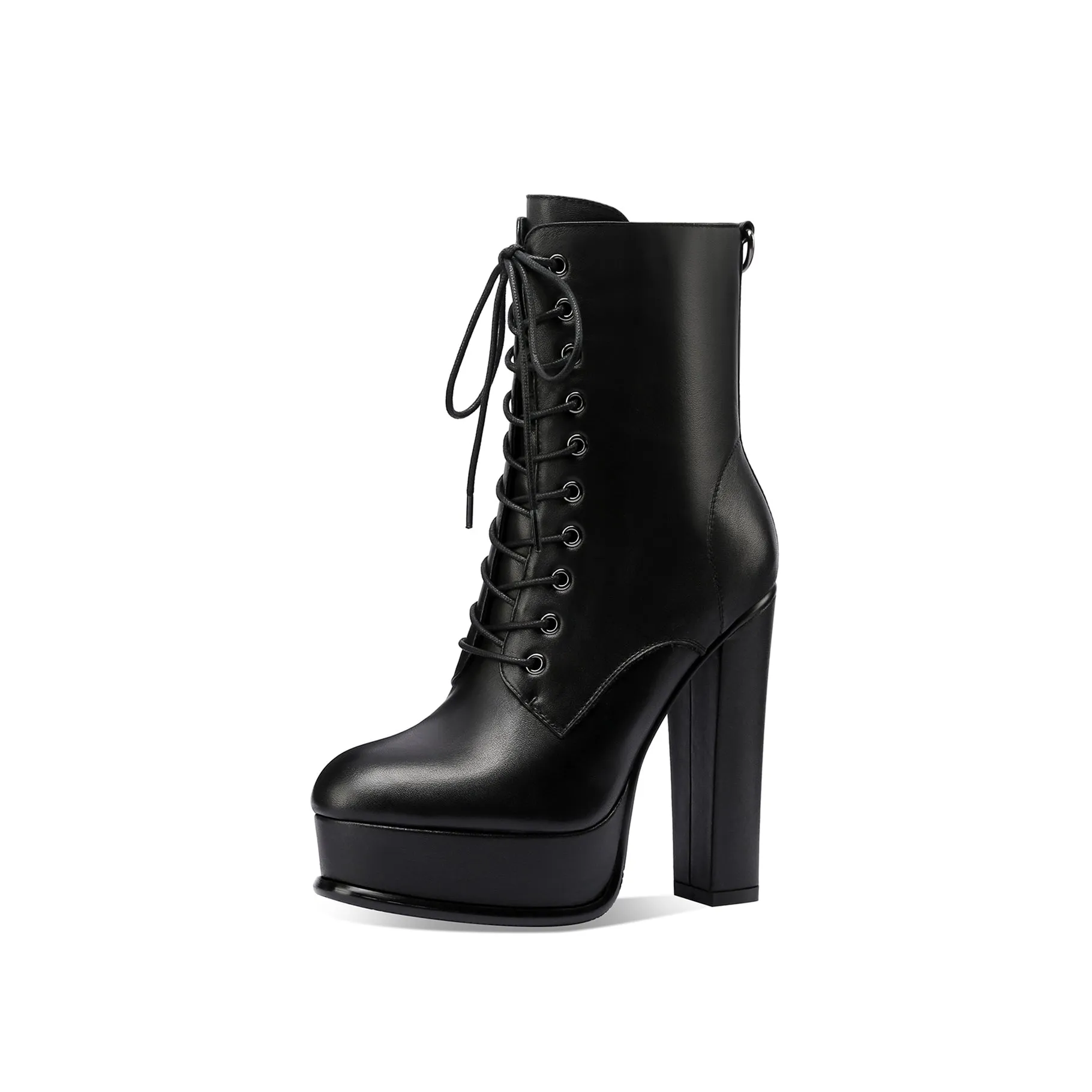 TinaCus Handmade Women's Leather Platform Front Lace Up Side Zipper Round Toe High Block Heel Mid-Calf Boots