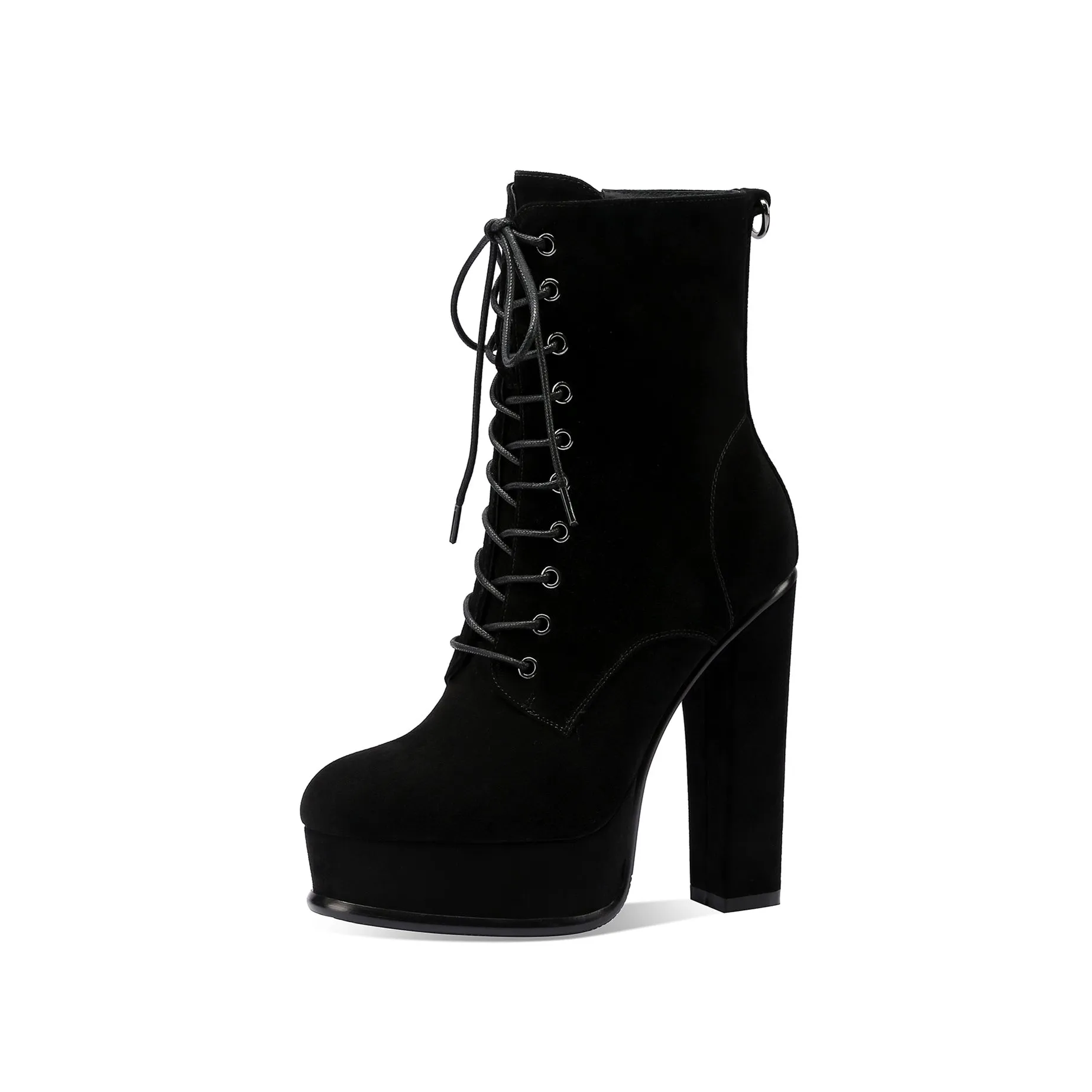 TinaCus Handmade Women's Leather Platform Front Lace Up Side Zipper Round Toe High Block Heel Mid-Calf Boots