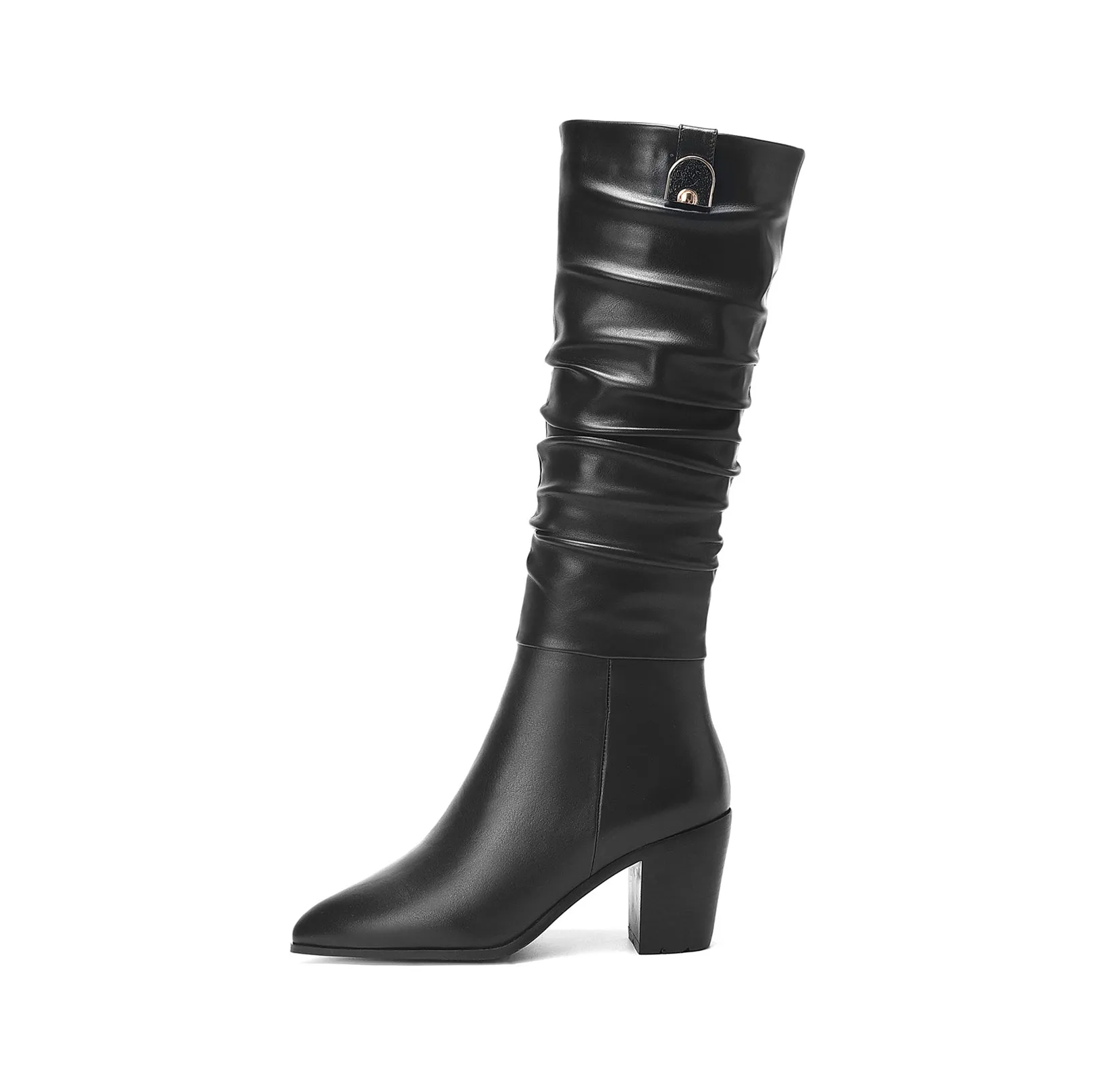 TinaCus Women's Genuine Leather Pointed Toe Handmade Chunky Heel Zip Up Stylish Crumpled Knee High Boots