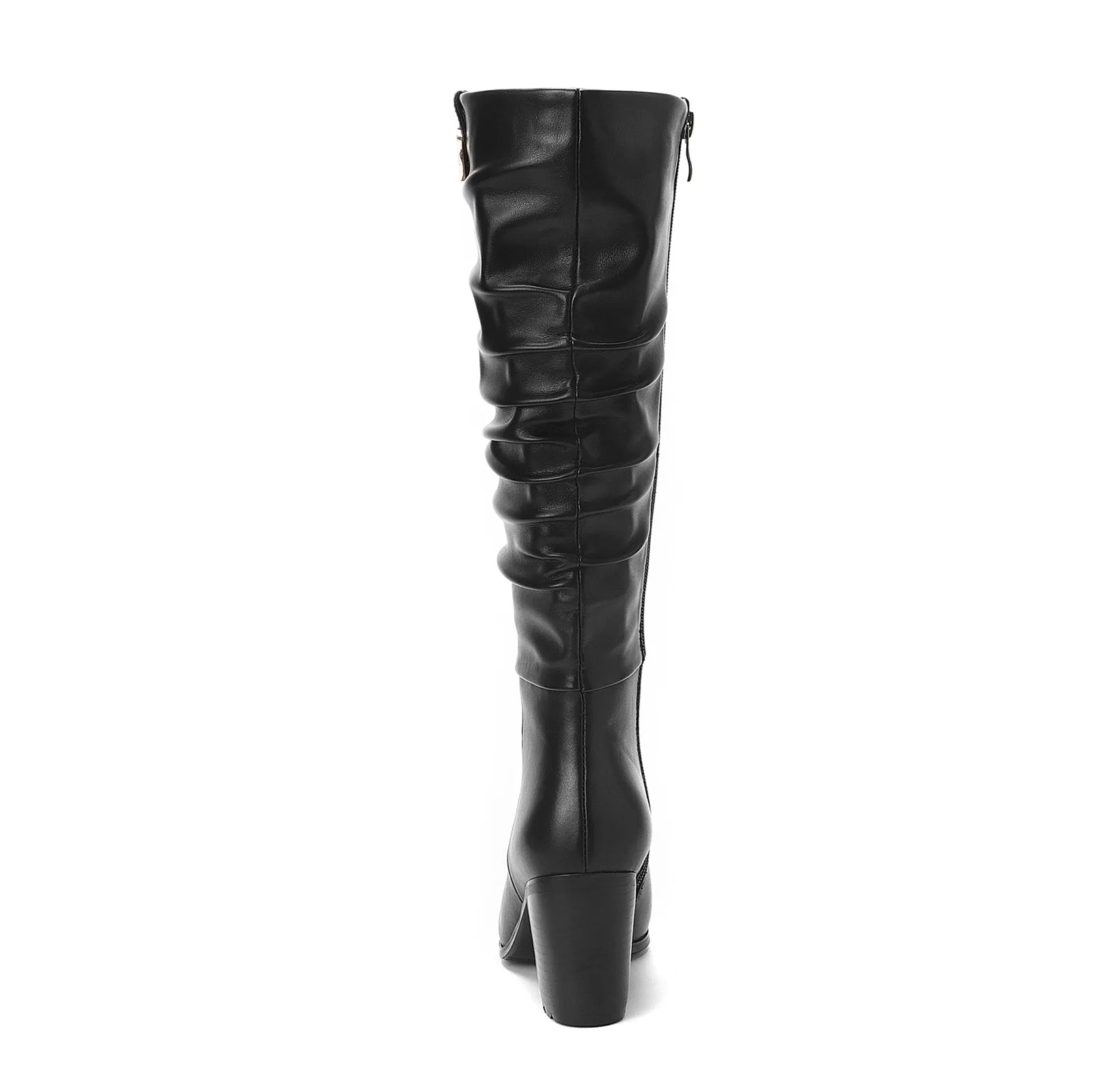 TinaCus Women's Genuine Leather Pointed Toe Handmade Chunky Heel Zip Up Stylish Crumpled Knee High Boots