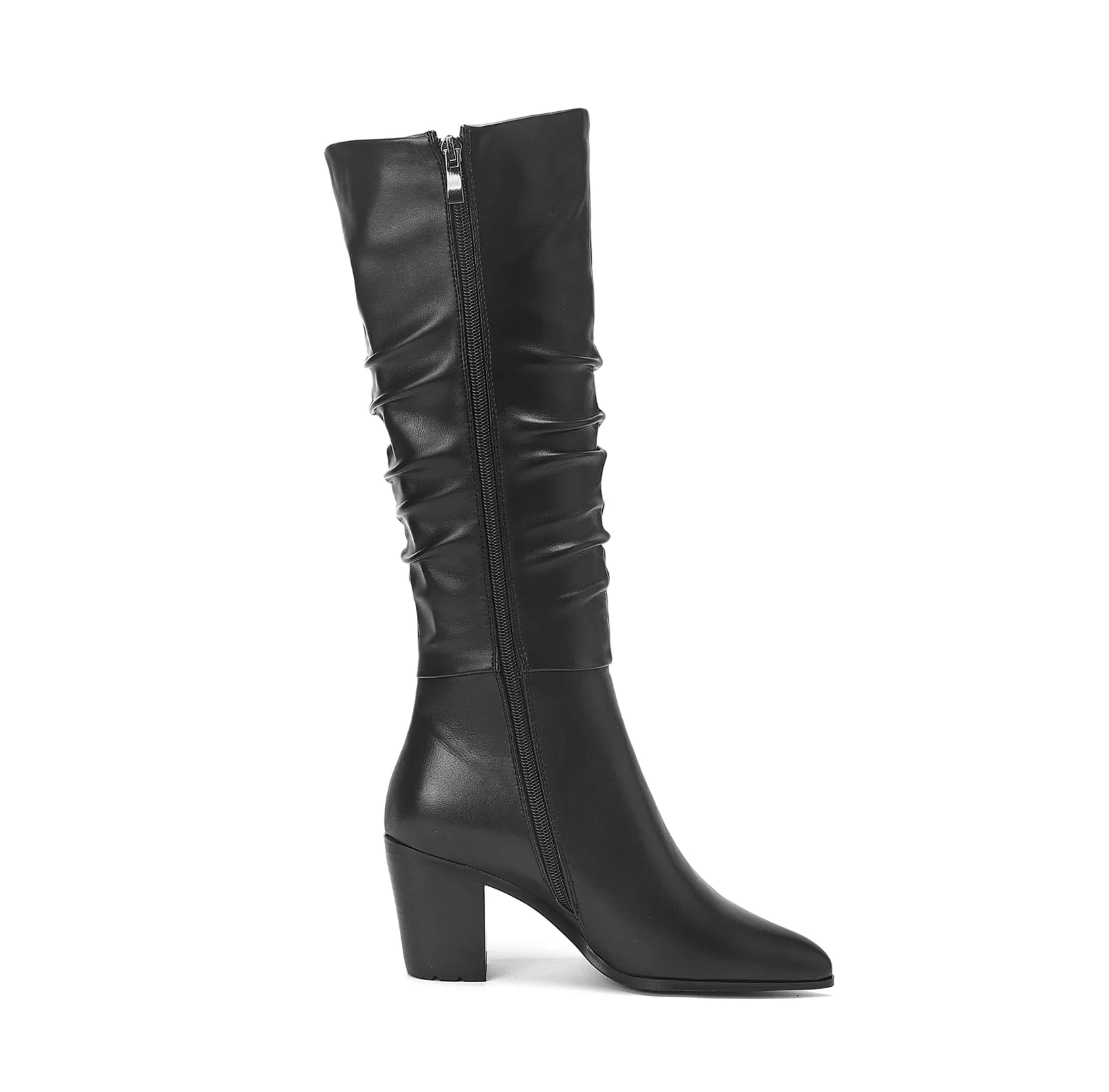 TinaCus Women's Genuine Leather Pointed Toe Handmade Chunky Heel Zip Up Stylish Crumpled Knee High Boots