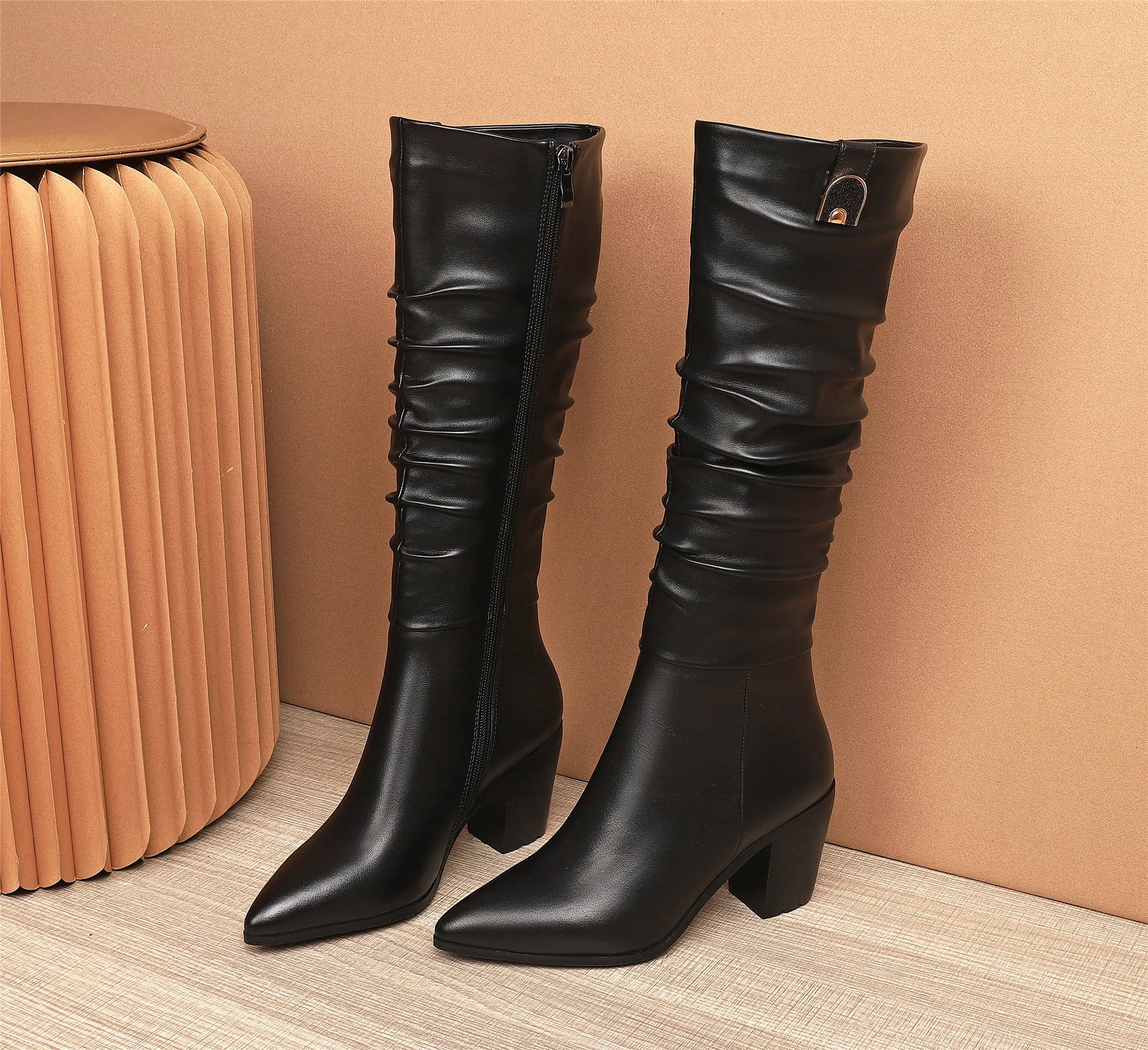 TinaCus Women's Genuine Leather Pointed Toe Handmade Chunky Heel Zip Up Stylish Crumpled Knee High Boots