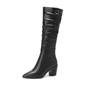 TinaCus Women's Genuine Leather Pointed Toe Handmade Chunky Heel Zip Up Stylish Crumpled Knee High Boots