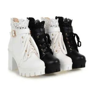 Women Punk Laces Chunky Heel Lace Up Boots