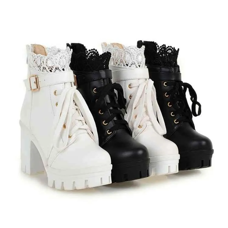 Women Punk Laces Chunky Heel Lace Up Boots
