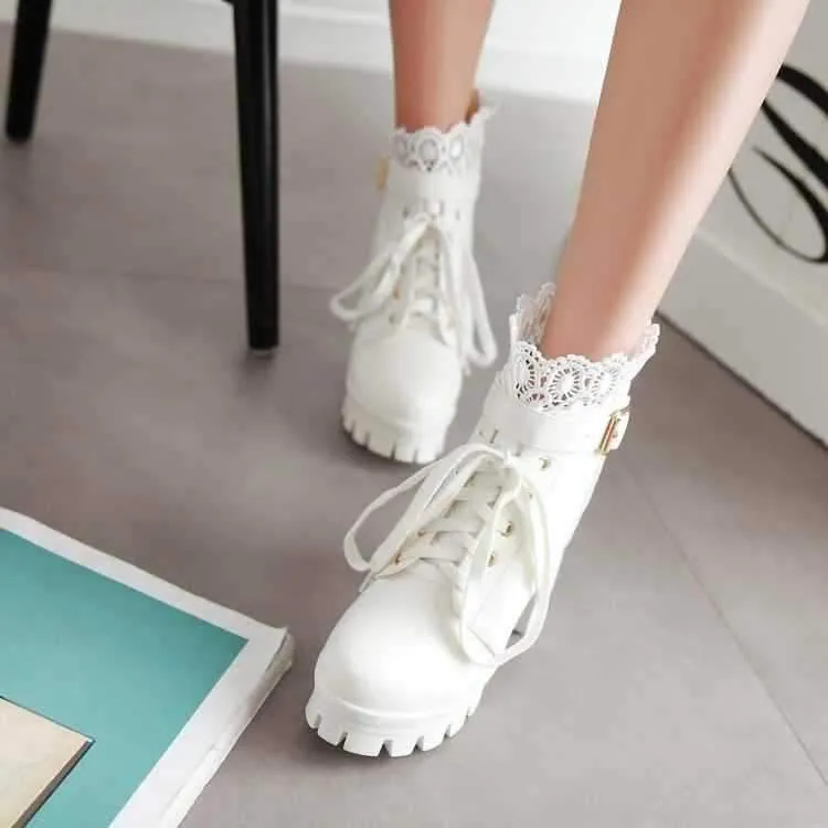 Women Punk Laces Chunky Heel Lace Up Boots